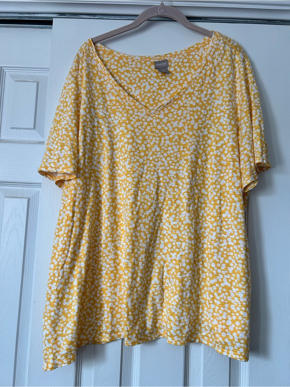 Chico's Yellow and White Dot V-Neck Top
